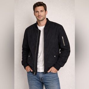 Modern Amusement Men's Black Suede Bomber Jacket Zip Front 3 Front Pockets Sz S